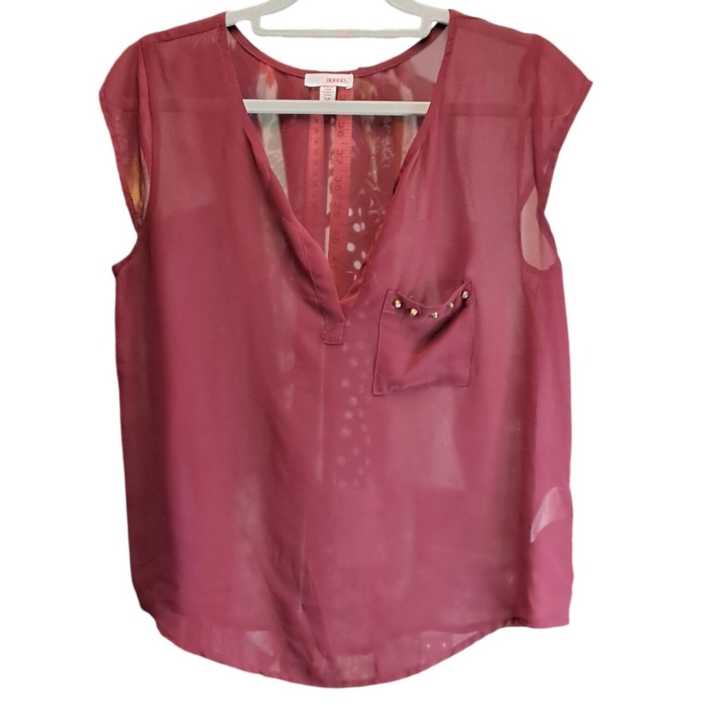 Bongo Burgundy Sheer Chiffon Split Neck Blouse Studded Pocket Cap Sleeve Small - Picture 2 of 5
